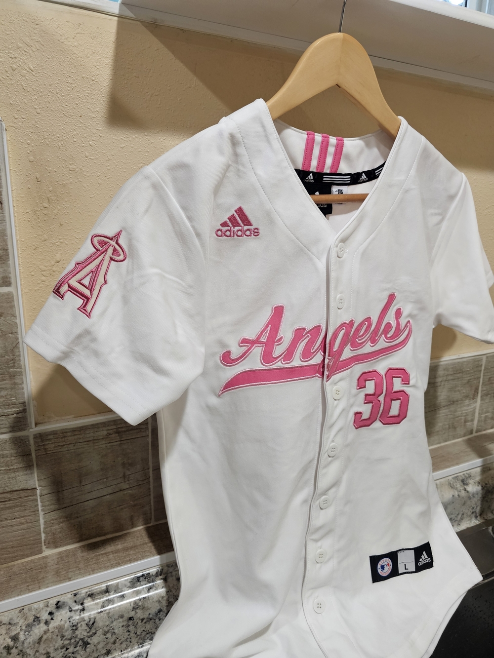 Adidas Kids White & Pink Angels Baseball Jersey 36 Weaver